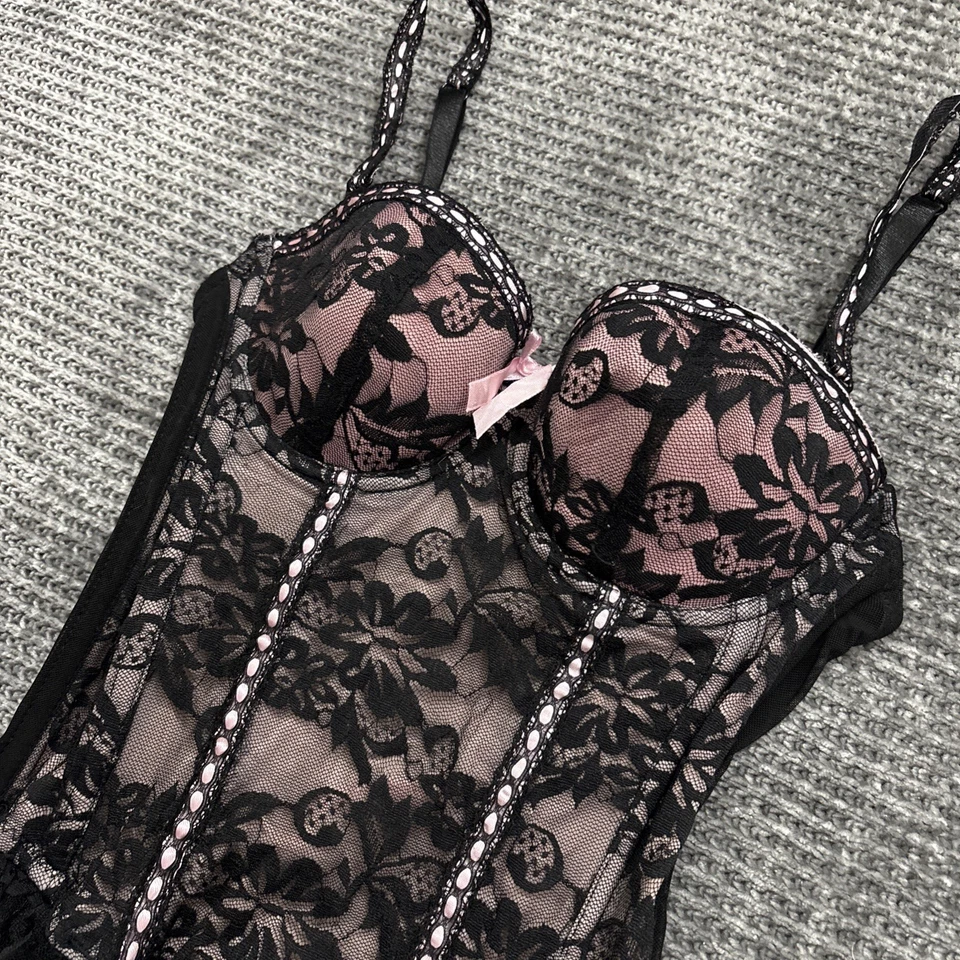 Lencería liguera Seven Till Midnight rosa negro encaje corsé bustier talla pequeña Foto 3 de 4