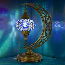 Mozaist Blue Crescent Moon Turkish Mosaic Table Lamp 47cm – Handmade Moon Light