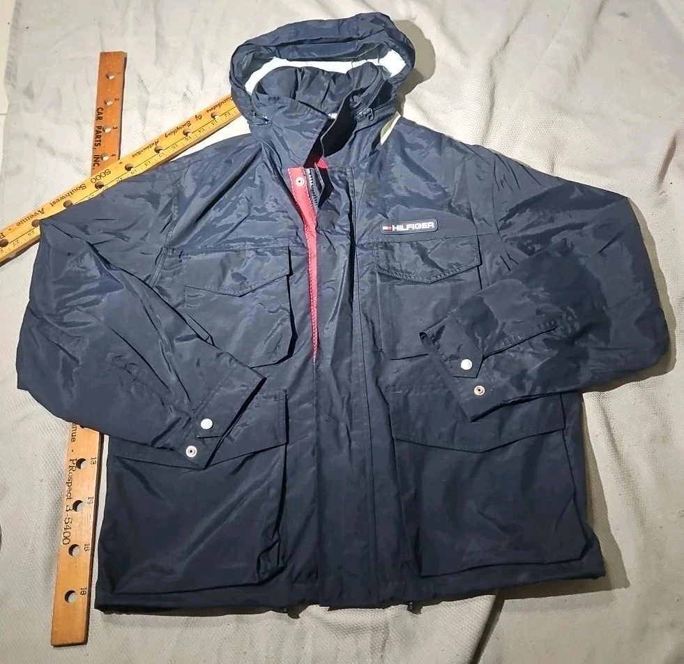 Vintage Tommy Hilfiger Jacket Mens Large Blue Packable Hooded Lined Outdoor 90s