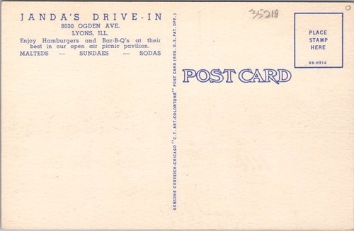 LYONS, Illinois Postcard JANDA'S DRIVE-IN RESTAURANT / Curteich Linen / 1949 - Picture 2 of 2
