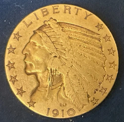 1910 $5 Indian Head Gold Half Eagle - Denver Mint  - Beautiful Coin
