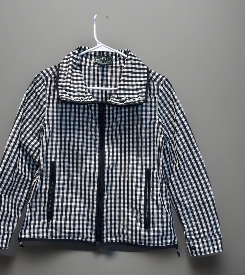Chaqueta cortavientos Lauren Ralph Lauren para mujer negra blanca a cuadros talla XS/TP Foto 2 de 4