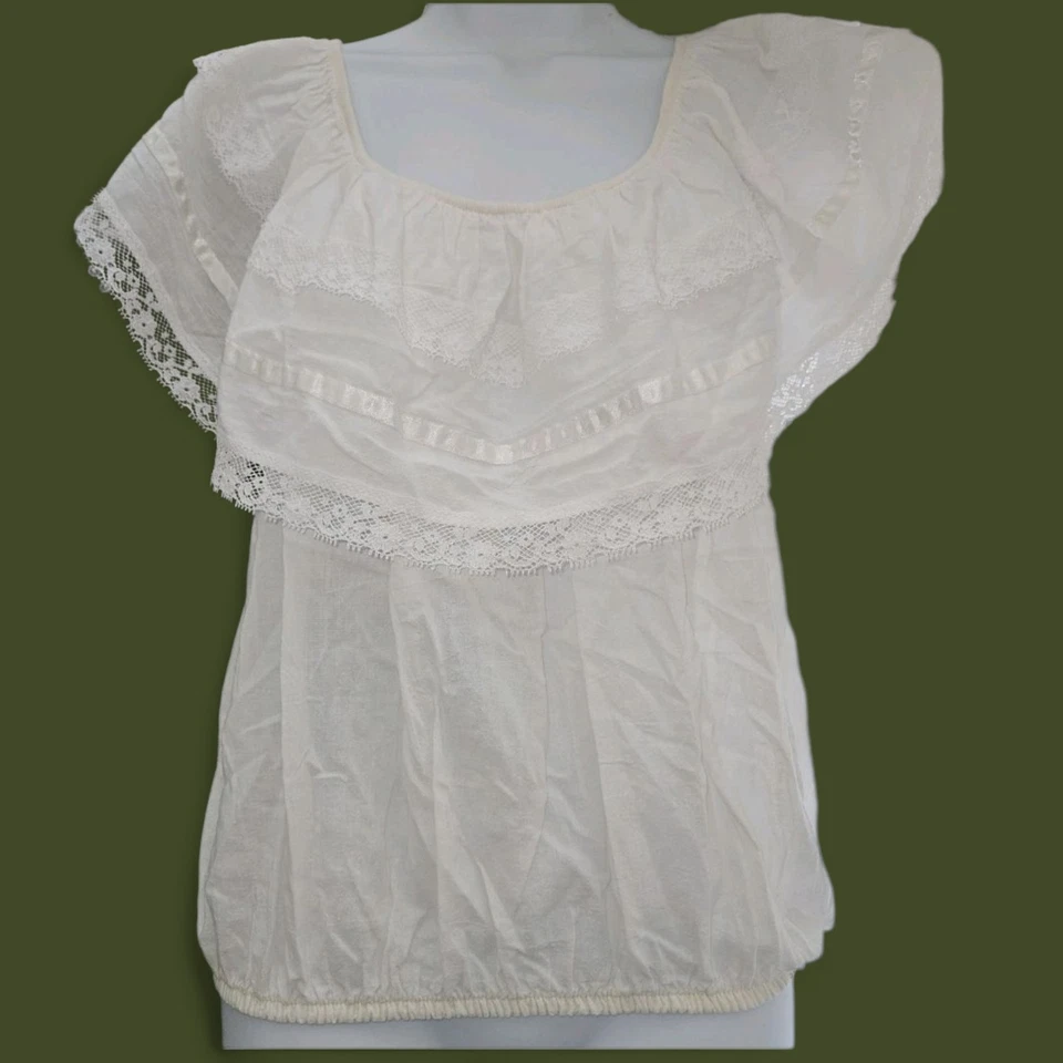 Top caprichoso Frederico S vintage años 70 para mujer blanco pradera boho con volantes de encaje Foto 3 de 4