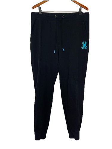 Pantalone Jogger Psycho Bunny Uomo XL Nero Cotone Elastico Vita Logo Blu