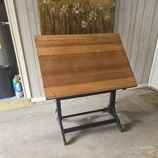 Antique Solid Oak Drafting Table by Frederick Post. Adjustable. Iron Hardware.