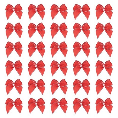 50 Pcs Mini Red Silver Tone Ribbon Bows with Pearl 1'' Ribbon Flowers Appliques
