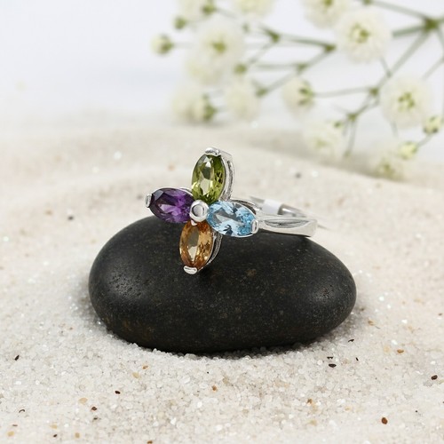 925 Silver Multi Stone Flower Ring Citrine  Peridot Amethyst Blue Topaz Jewelry - Picture 4 of 11