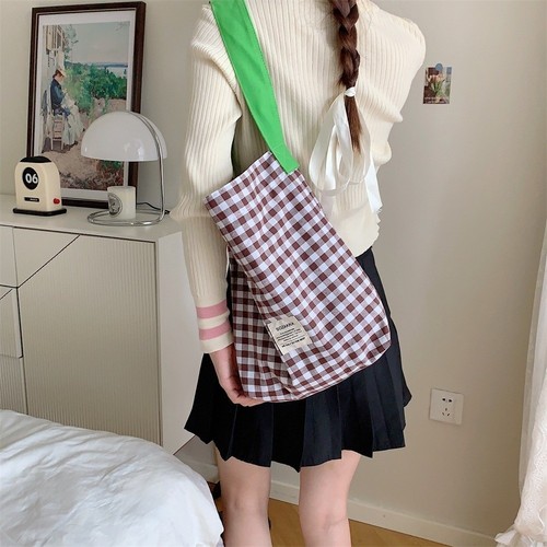 Plaid Pattern Canvas Bag Large Capacity Canvas Shopping Bag Casual Outing - Picture 3 of 16