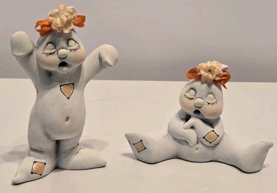 VTG Ceramic Summerween Ghost Figurines Decor Cute Shelf Sitters Orange Flower
