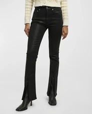 DEREK LAM 10 CROSBY Lucia High Rise Split Kick Flare Jeans Coated Black Size 27