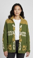 Vintage 50  s Cowichan Sweater Womens S Green Totem Alaska Warm Heavy Cardigan