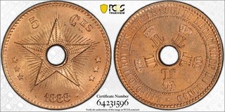 M2 Belgian Congo 1888 Overdate "7" 5 Centimes PCGS MS 65 FULL RED Top Pop:3/0