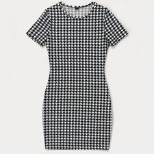 Womens S Black White Houndstooth Bodycon Mini Dress Stretch Knit Mod Preppy