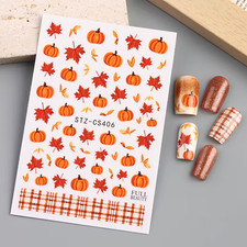  1pcs Fall Pumpkin Maple Leaf Nail Stickers | Plaid Grid Thanksgiving Self Adhes