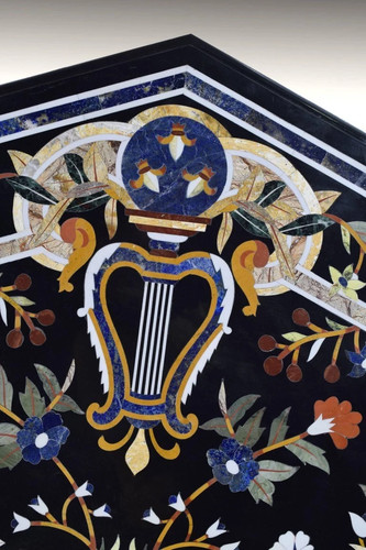 Octagonal Black Marble 30" Table top with Handmade pietra Dura inlay art - Picture 4 of 12