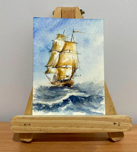 Original Watercolor ACEO Seascape Painting Golden Sails Tall Ship Ocean Art OOAK
