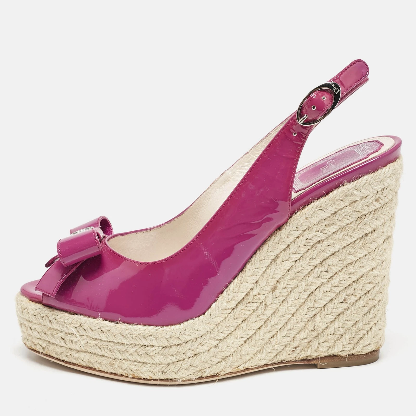 Sandales compensées plateforme espadrille nœud en cuir verni rose Dior pointure 36
