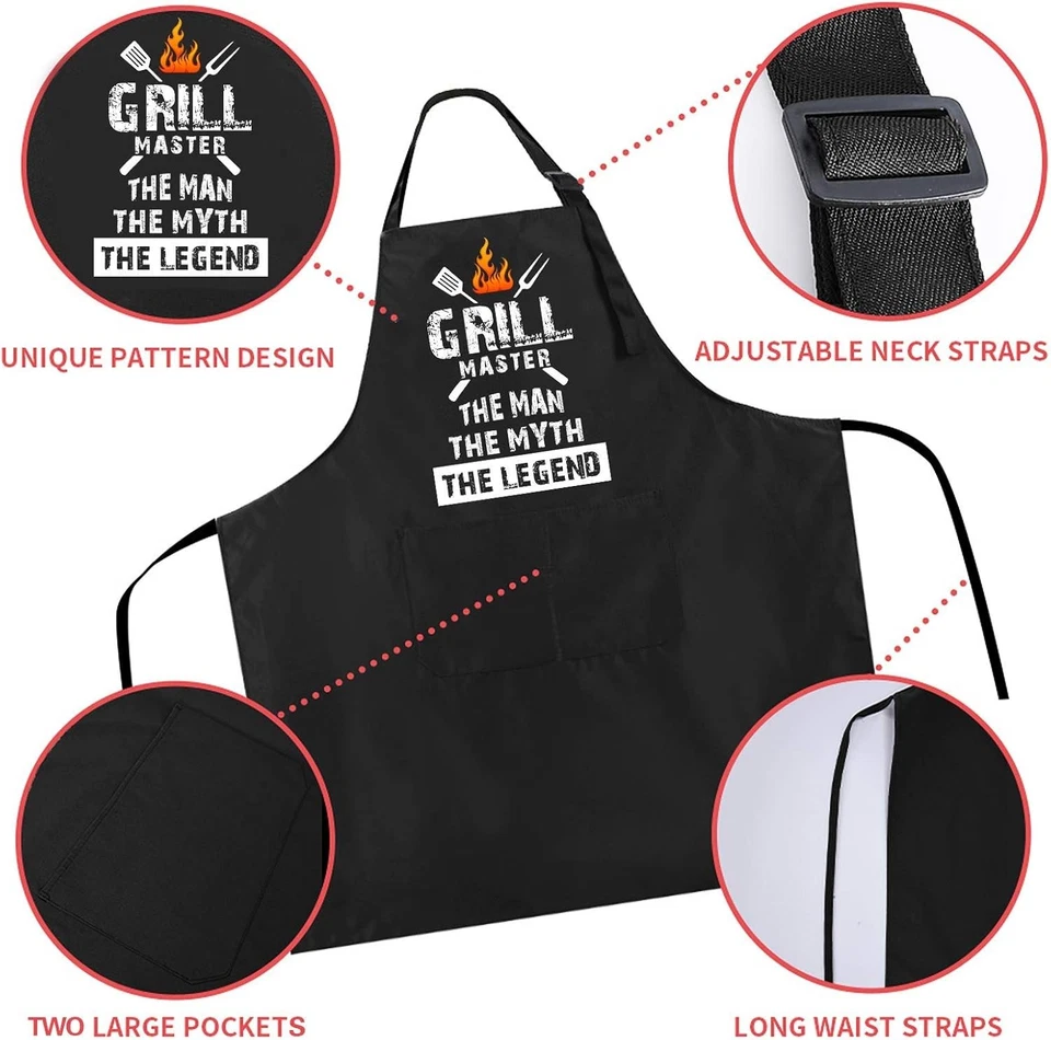 Delantales de chef negros Rosoz Divertidos para barbacoa para hombre, Grill Master, cocinero de cocina ajustable Foto 3 de 4