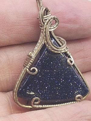 Blue Goldstone Triangle Pendant Wire Wrap 925 Silver Statement Art Gem Jewelry