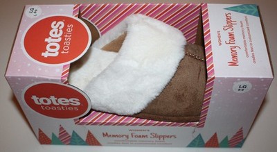 Totes Toasties Slippers Womens LG 8-9 Brown Faux Fur Memory Foam Slip On Cozy