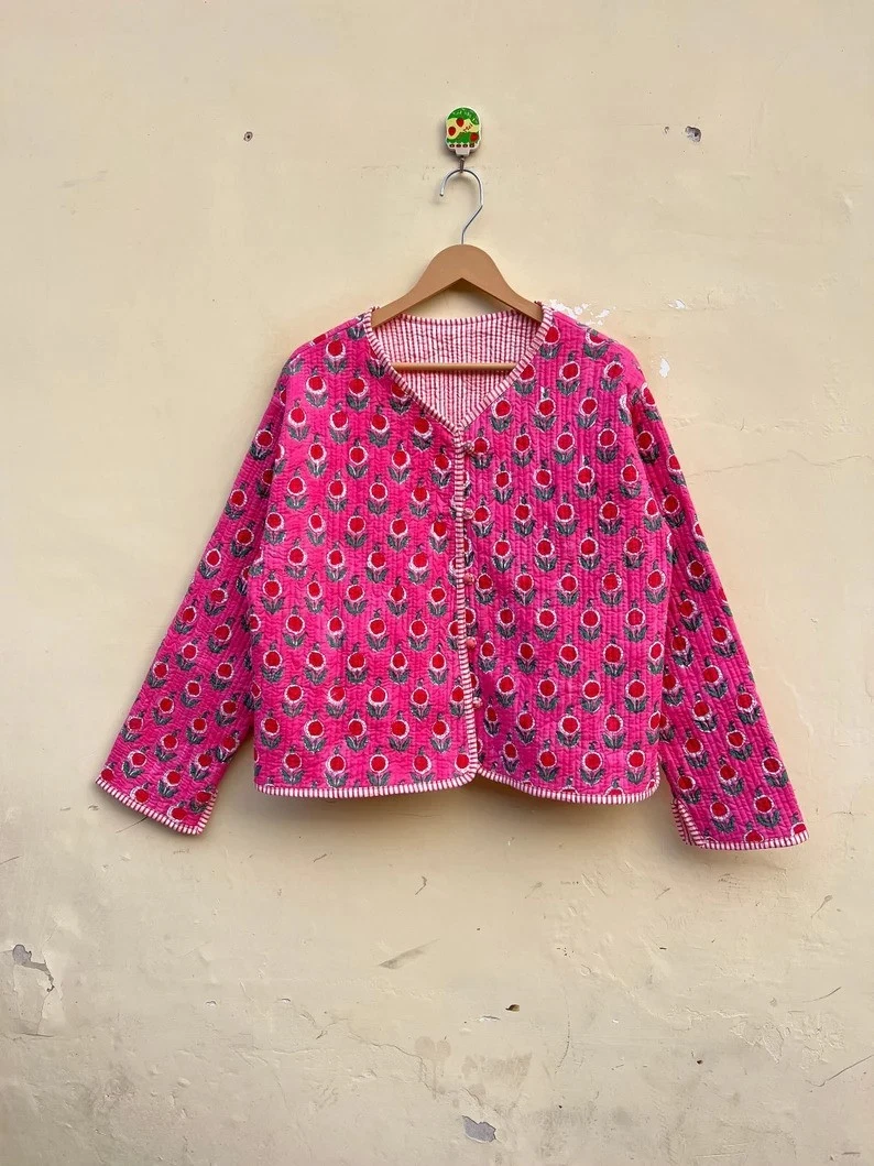 Indian Pink Floral Cotton Quilted Unisex Jackets Women's Clothing Jackets US