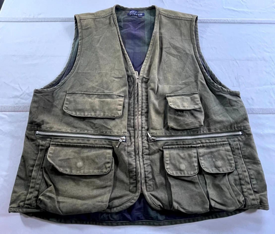 Vintage Nautica Utility Vest Mens XL Olive Green Cotton Outdoor Hiking Fishing