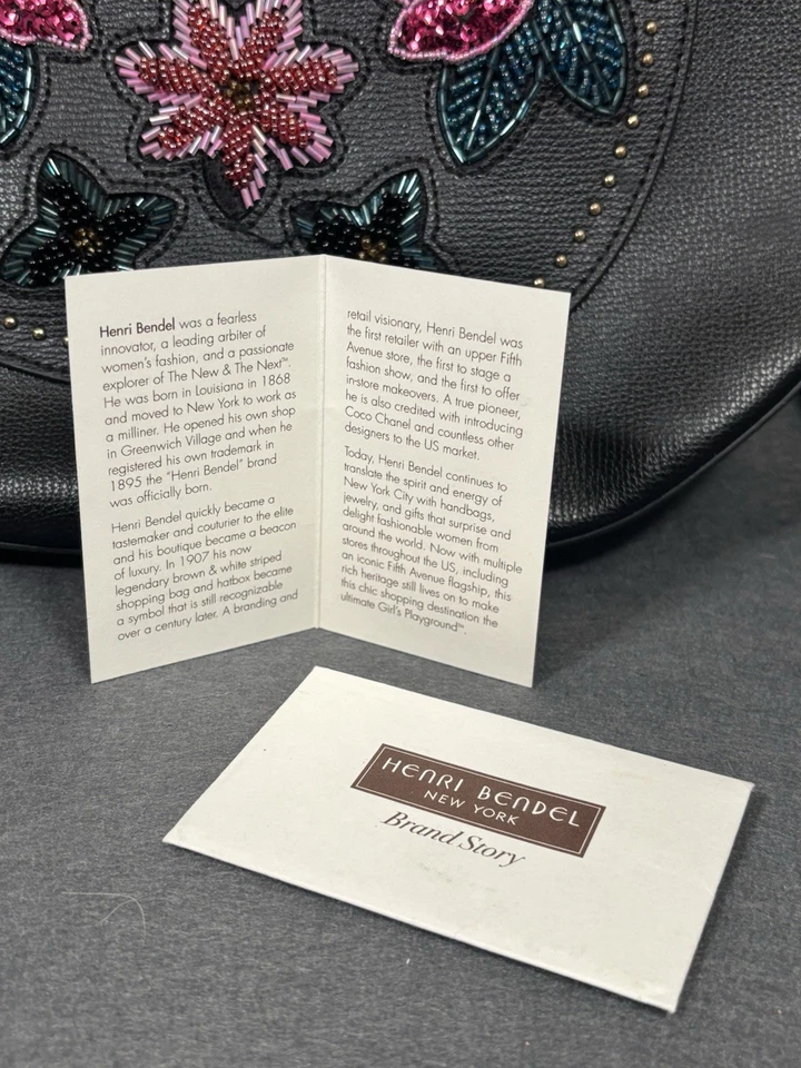 Bolso de Hombro Hobo Floral Henri Bendel Cuero Negro Bordado Cartera Foto 2 de 4