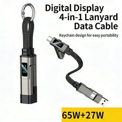 USB-C Keychain Charging Cable 4-in-1 Digital Display 65W for USB-A USB-C Phones