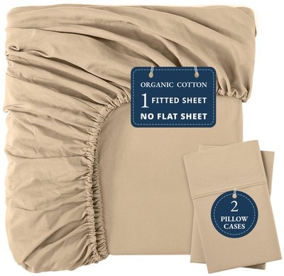 Queen Fitted Sheet & 2 Pillowcases, 100% Organic Cotton, Percale Weave, Soft ...