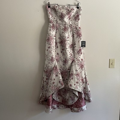 Lulus Women M Fanfare Taupe Floral Jacquard Strapless High-Low Trumpet Dress NWT