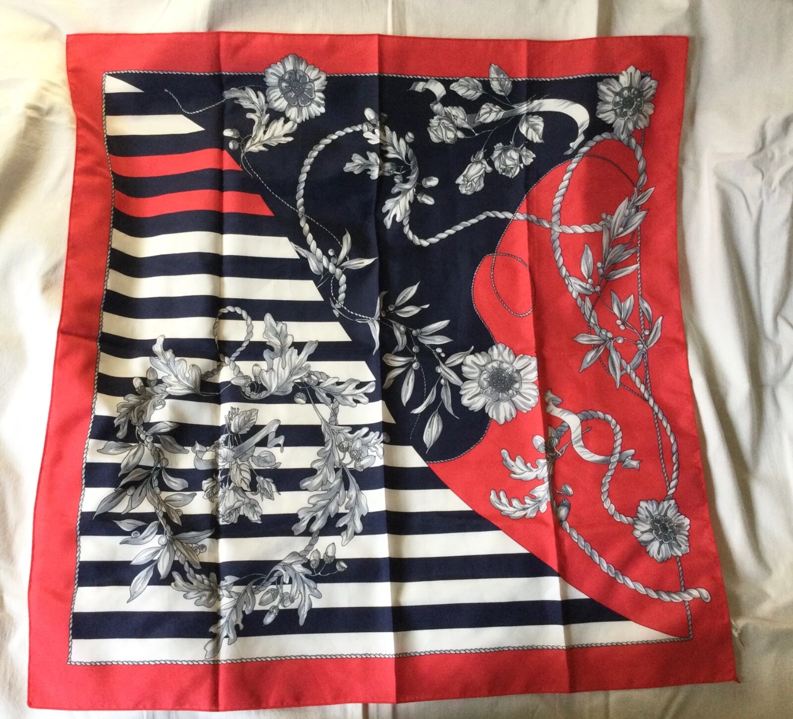 Vintage Red Navy White Striped Floral Pattern 27x27”Scarf/Neckerchief Polyester