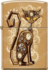 Zippo Industrial Machinery, Cat With Gears, Steam Punk, Brushed Brass Lighter