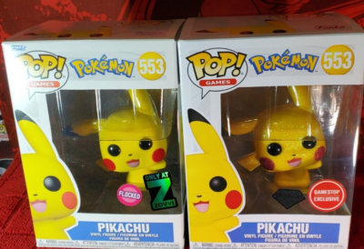Funko Pop Pokemon Pikachu Flocked 553 (Zavvi) & Pikachu Diamond