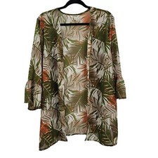 Vintage 80's Tantrums Kimono Coverup XL Green Sheer Botanical Camo Ruffle Cuff