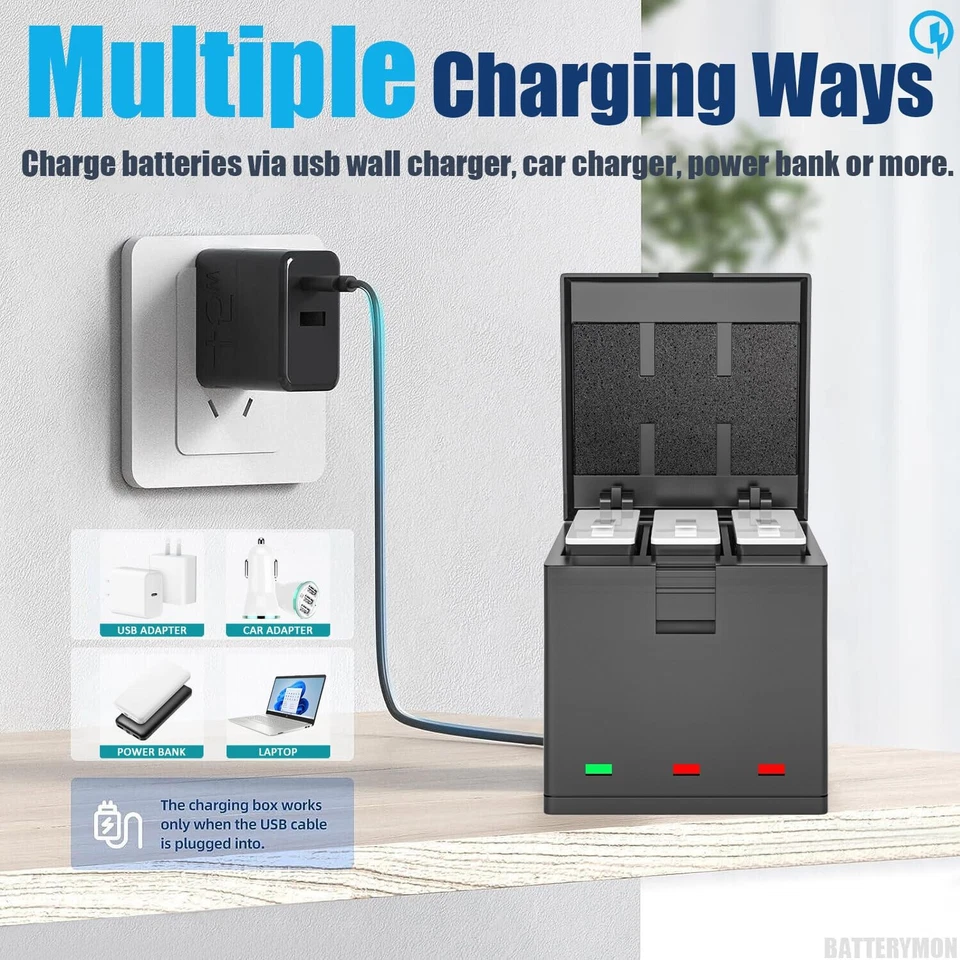 Paquete de 3 baterías y cargadores Hero 12 para cámara Gopro Hero 12 11 10 9 negra Foto 2 de 4