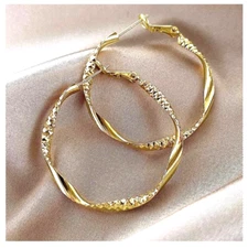 Gold Tone Twisted Hammered Textured Pierced Hoop Fashion Earrings 