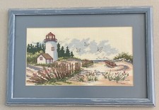 Lighthouse Cross Stitch Embroidery Complete Framed Seashore Solitude Beach Art