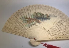 Vintage Oriental Asian Wood Display Fan Ornate Hand Painted
