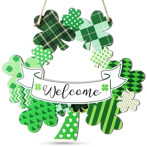 St. Patrick's Day Wreath Wooden Hanger Front Door Sign Decor Welcome ...