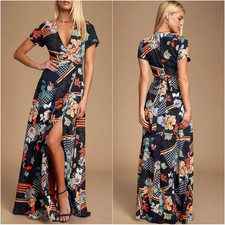 Lulus Aleta Navy Blue Print Short Sleeve Surplice Maxi Dress Women Small