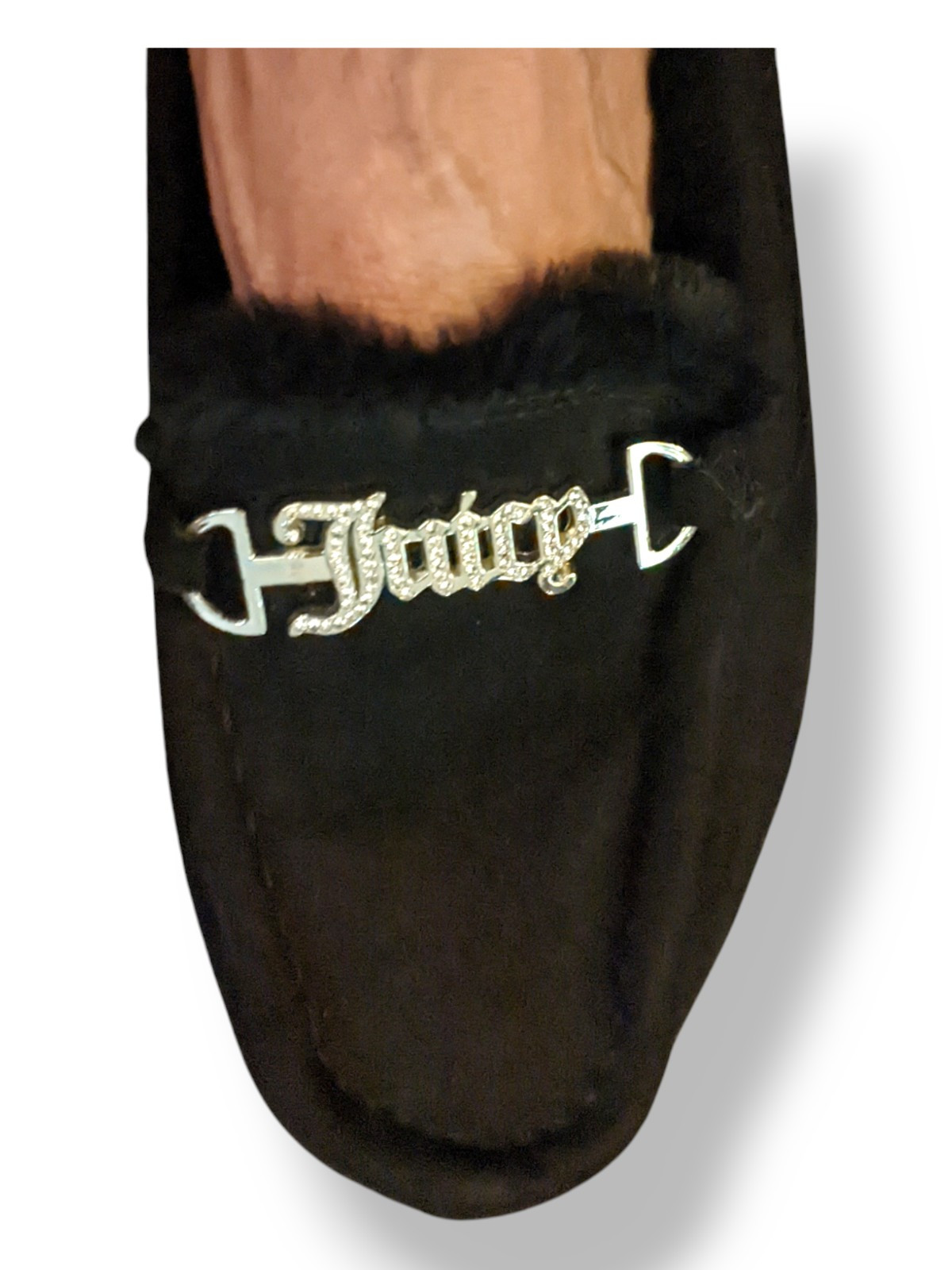 PANTOFOLA D’ORO Juicy Couture mocassino mocassino nero pelliccia strass oro logo pantofole *taglia 10