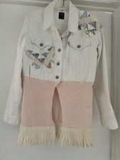 Upcycled Levi s White Denim Cropped Jacket With Pink Chenille,Butterflies Sz L