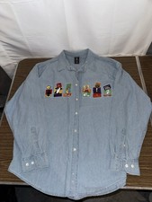 VTG 90s Looney Tunes Warner Bros. Studio Store Mix Ups Denim Button Up Shirt XL