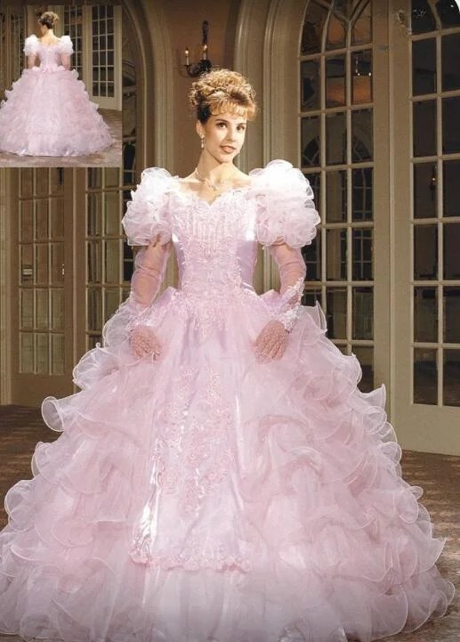 Vintage Pink Princess Wedding Dresses Puffy Long Sleeves Ruffles