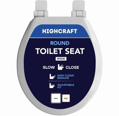 HIGHCRAFT Premium Round Toilet Seat with Slow-Close Design, Round, White 