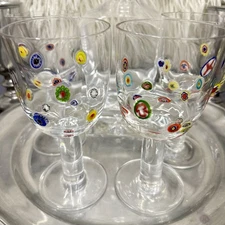Set 4Leonardo Millefiori Art Glass Wine Water Goblets 7” Hand Blown Barware Cart