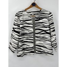 Chicos Zebra Print Open Front Jacket Black White Grey Cotton Small Workwear