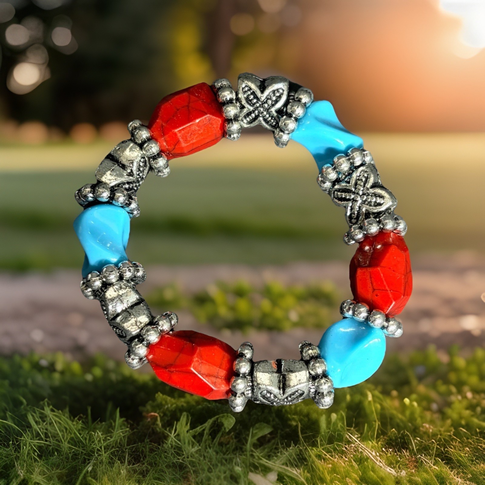 Red and Blue Beaded Stretch Bracelet Silver Butterfly Accents Southwestern Boho