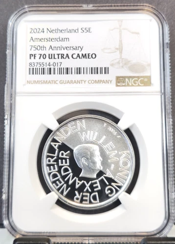 2024 NETHERLANDS SILVER 5 EURO AMSTERDAM 750th ANNIV NGC PF 70 ULTRA CAMEO RARE