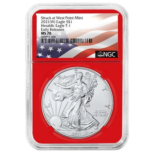 2021 (W) $1 1-oz T-1 American Silver Eagle NGC MS70 ER Flag Label Red Core